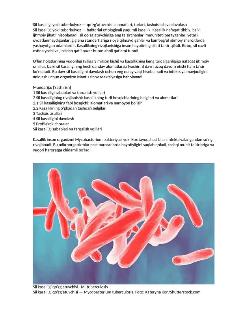 Sil kasalligi yoki tuberkulyoz — qo’zg’atuvchisi