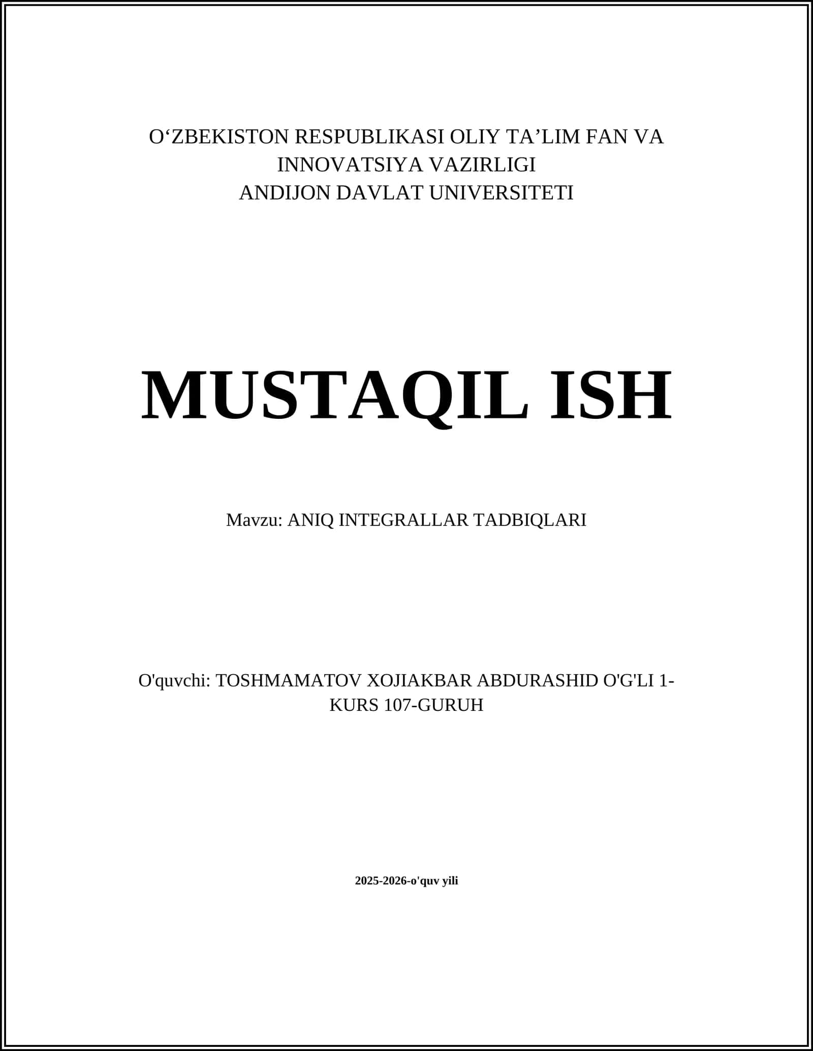 ANIQ INTEGRALLAR TADBIQLARI