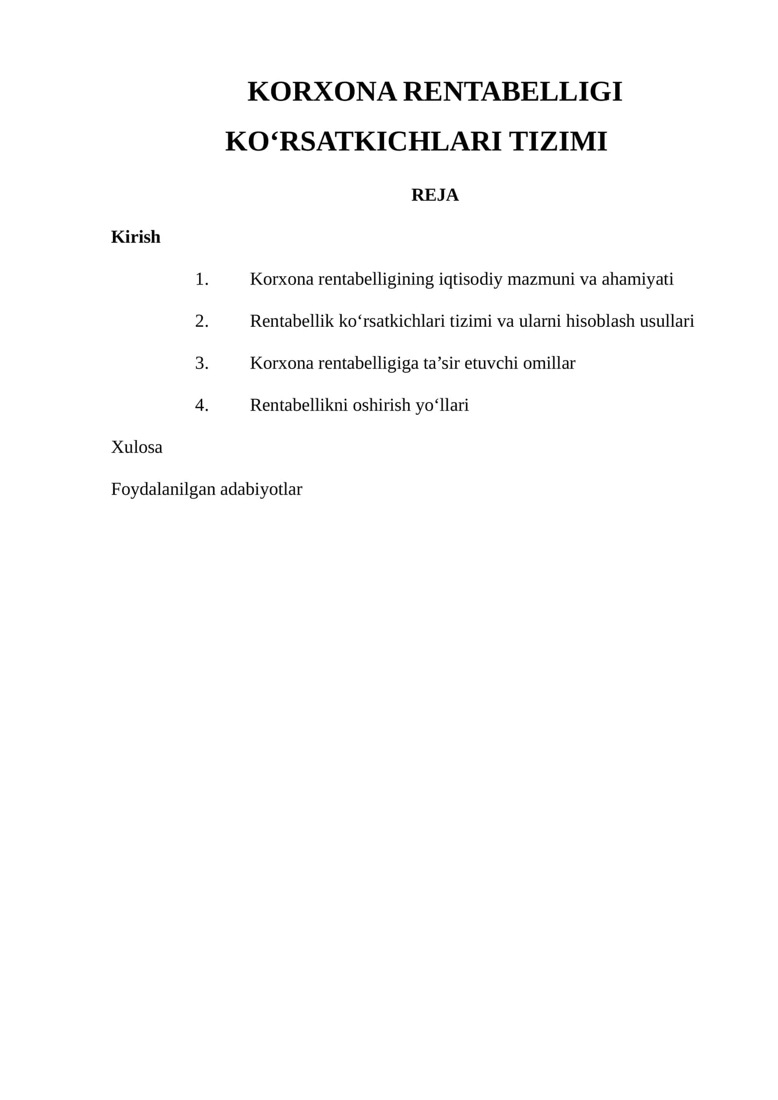 Korxona Rentabelligi Ko‘rsatkichlari Tizimi
