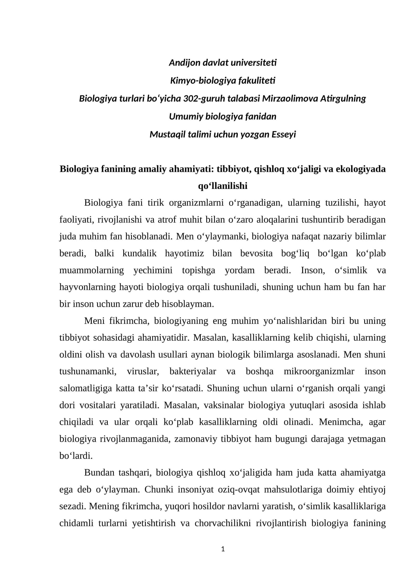 Biologiya fanining amaliy ahamiyati: tibbiyot, qishloq xo‘jaligi va ekologiyada qo‘llanilishi