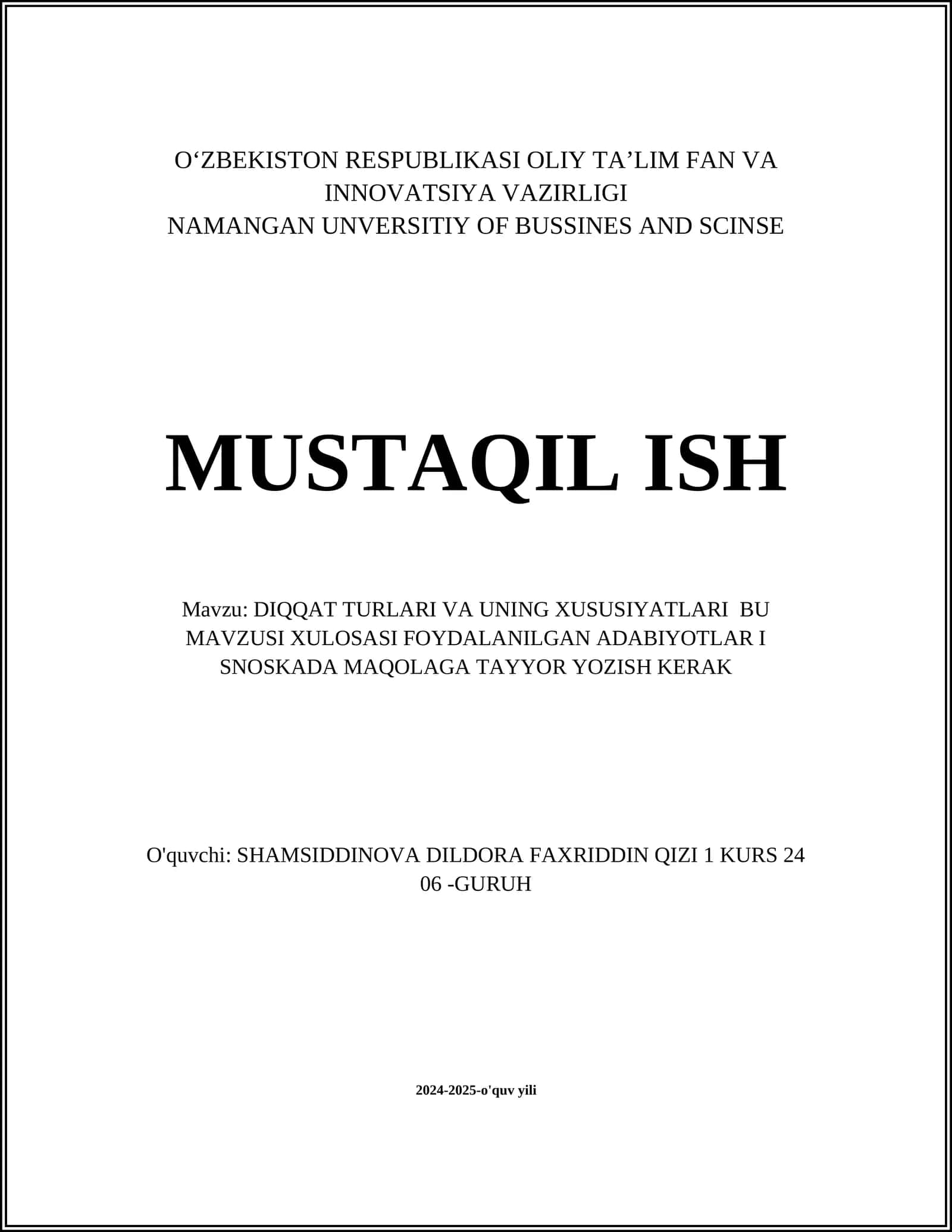 DIQQAT TURLARI VA UNING XUSUSIYATLARI