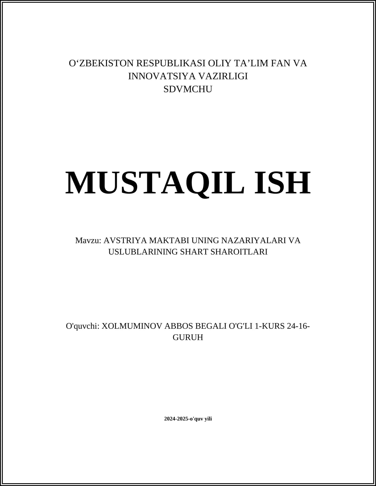 AVSTRIYA MAKTABI UNING NAZARIYALARI VA USLUBLARINING SHART SHAROITLARI