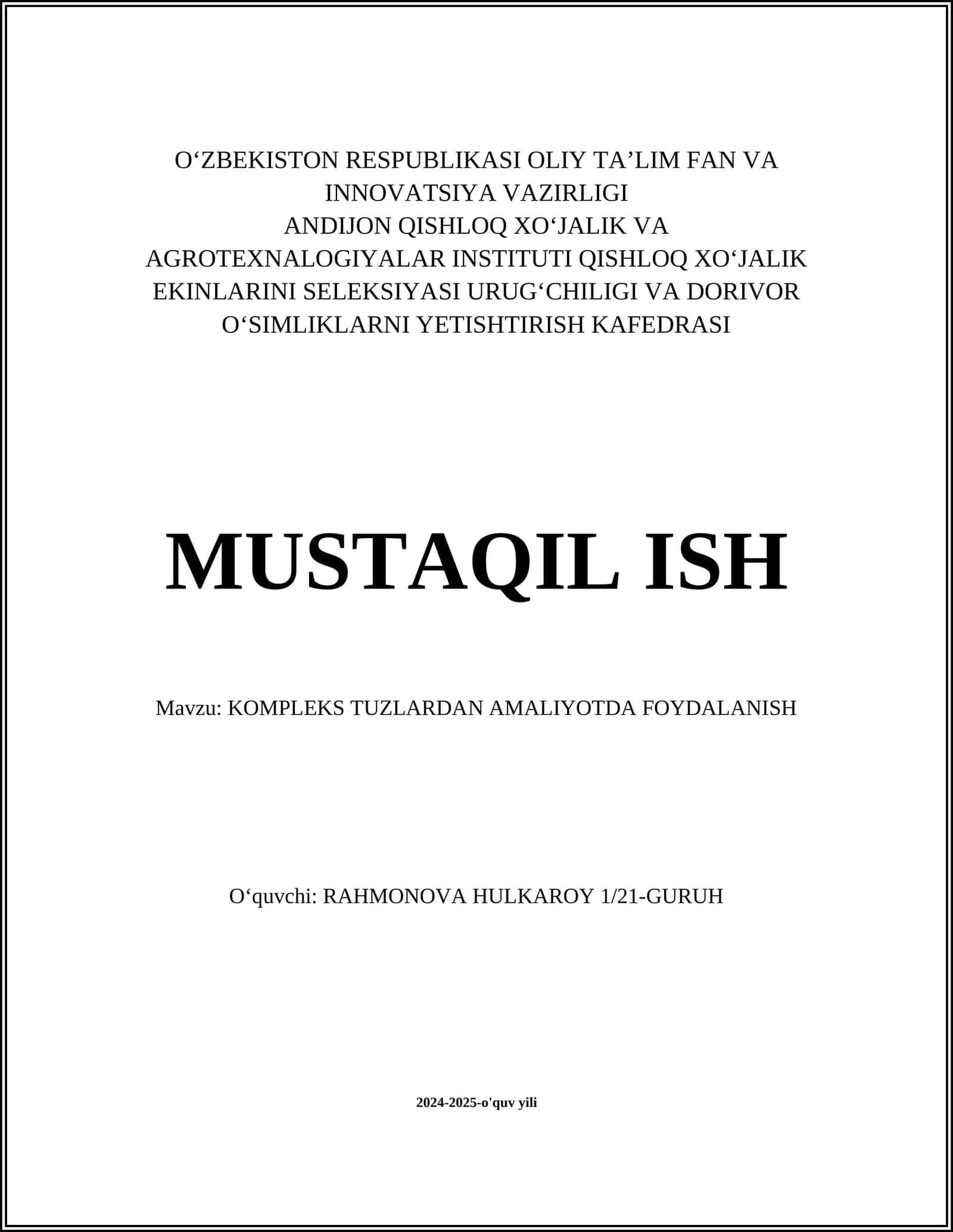 KOMPLEKS TUZLARDAN AMALIYOTDA FOYDALANISH