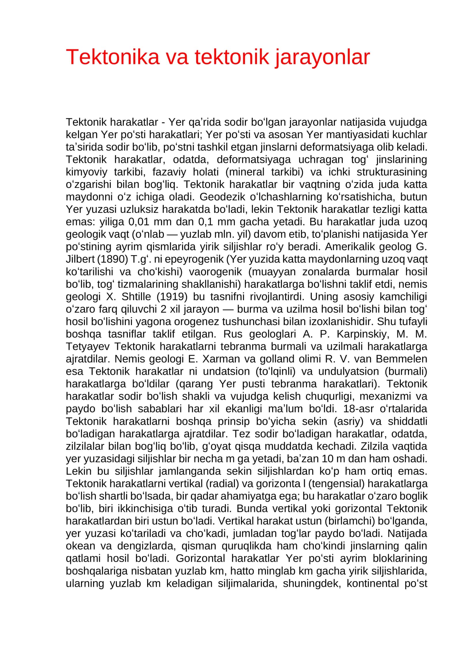 Tektonika va tektonik jarayonlar