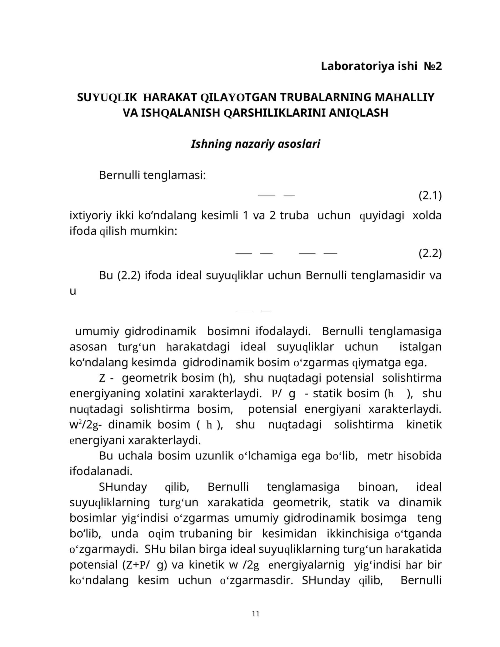 SUYUQLIK HARAKAT QILAYOTGAN TRUBALARNING MAHALLIY VA ISHQALANISH QARSHILIKLARINI ANIQLASH