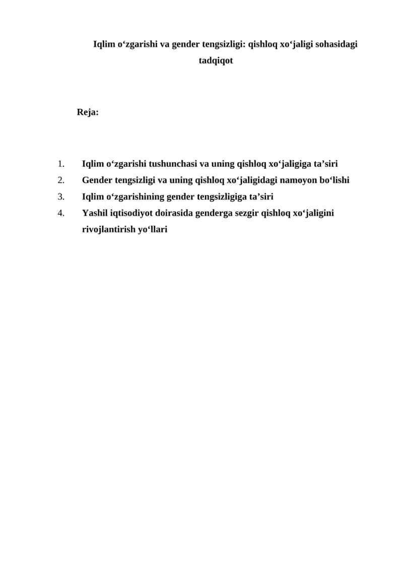 Iqlim o‘zgarishi va gender tengsizligi qishloq xo‘jaligi sohasidagi tadqiqot