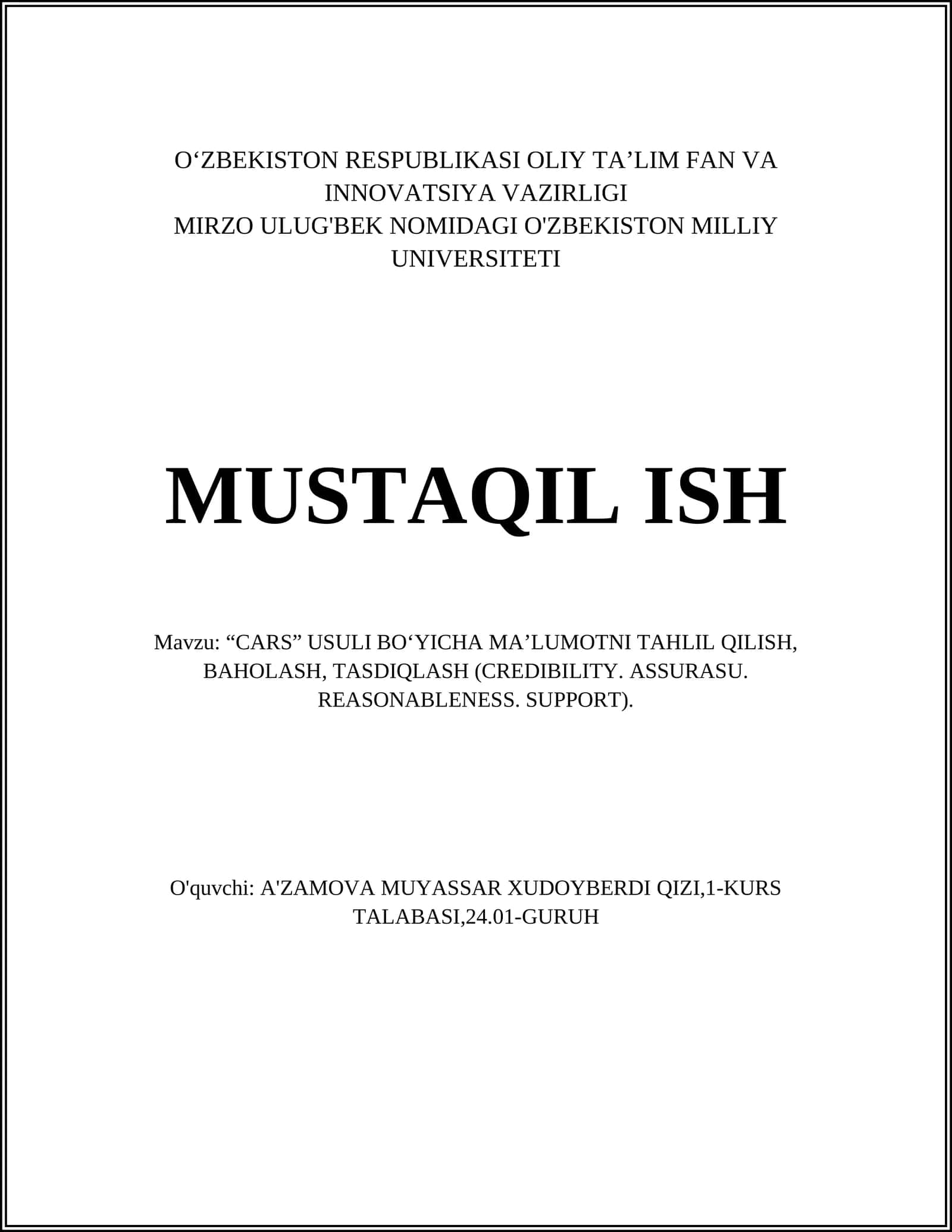 CARS USULI BO‘YICHA MA’LUMOTNI TAHLIL QILISH, BAHOLASH, TASDIQLASH