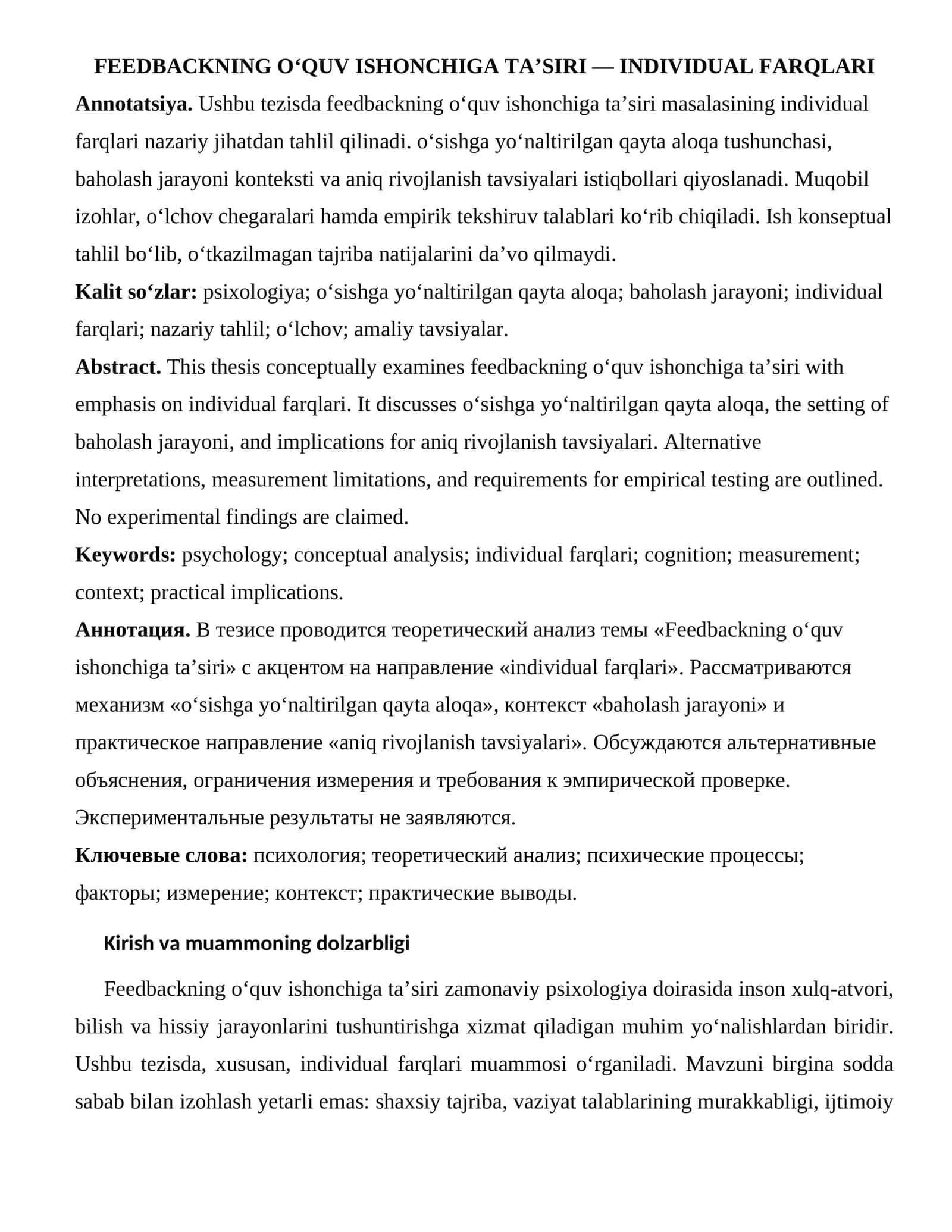 Feedbackning O‘quv Ishonchiga Ta’siri — Individual Farqlari