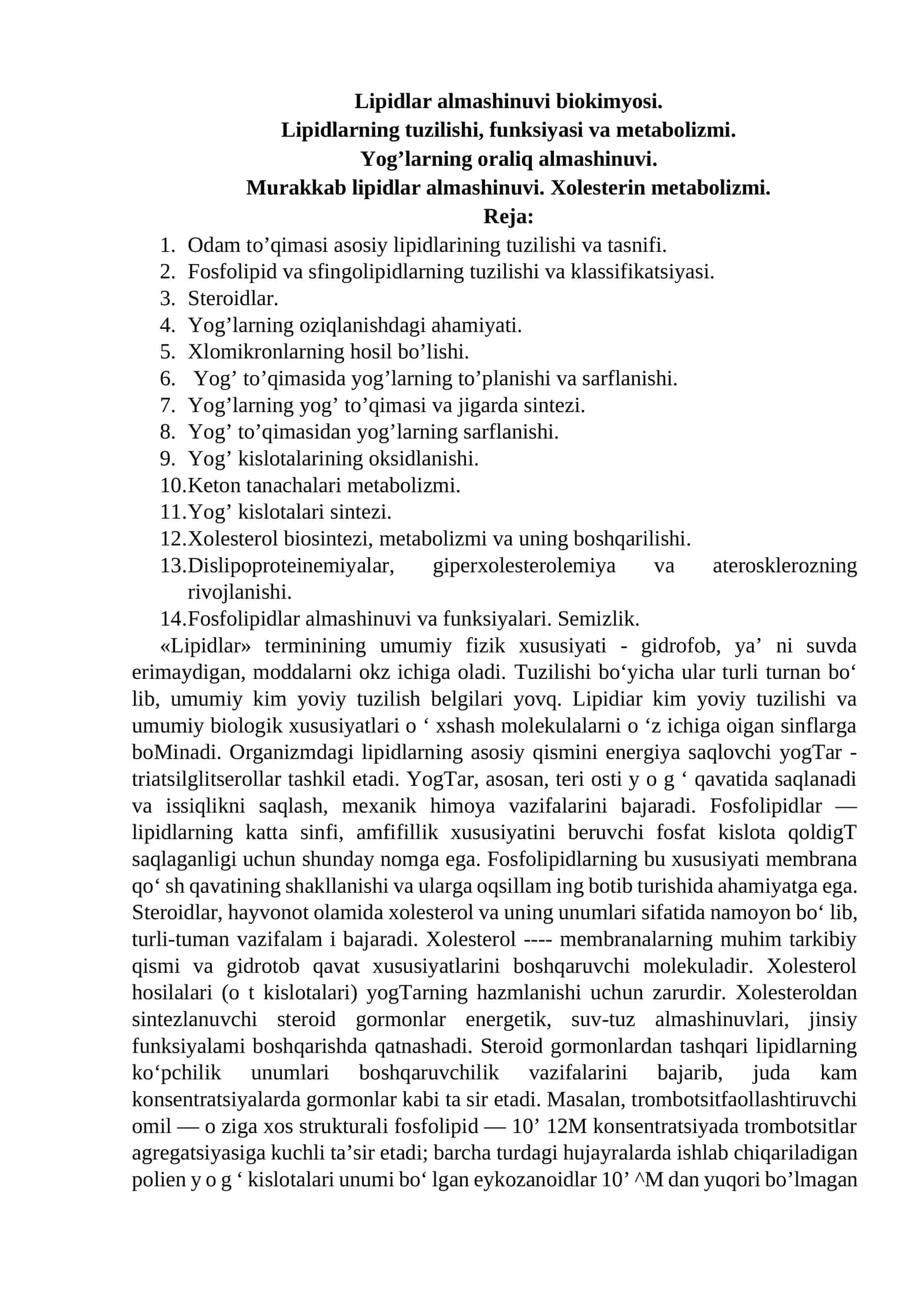 Lipidlar almashinuvi biokimyosi