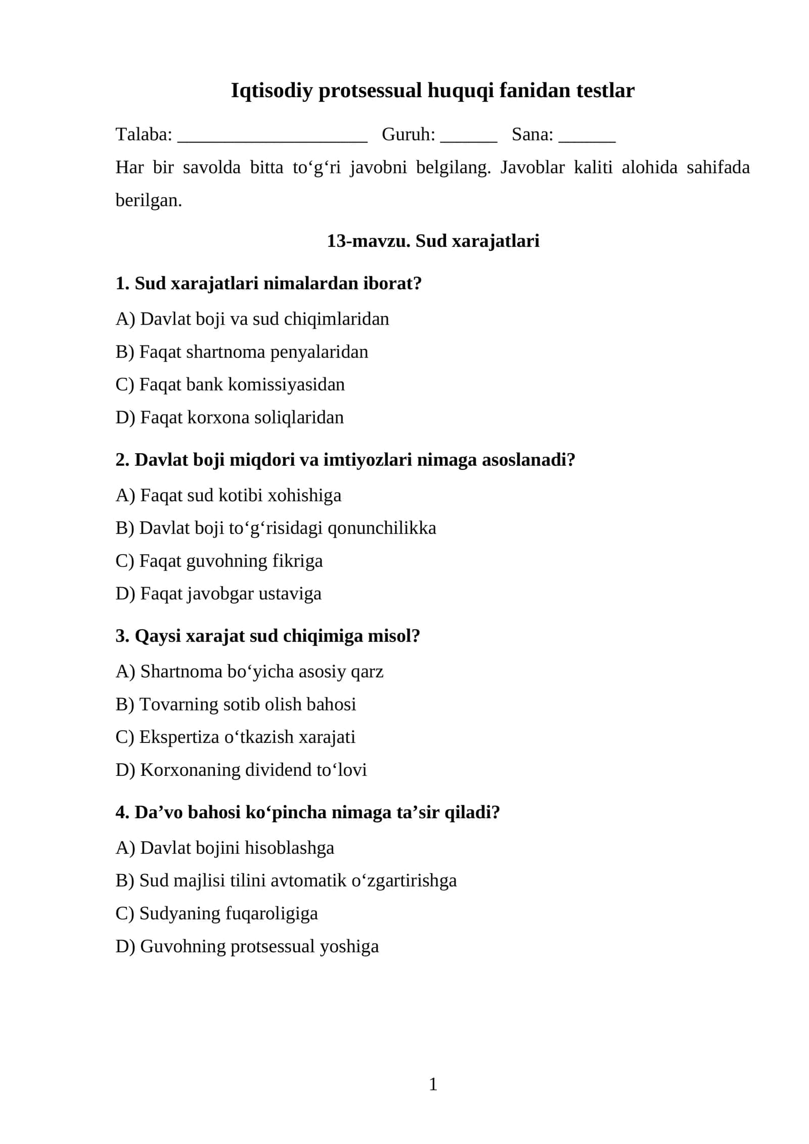 Sud xarajatlari TEST.
