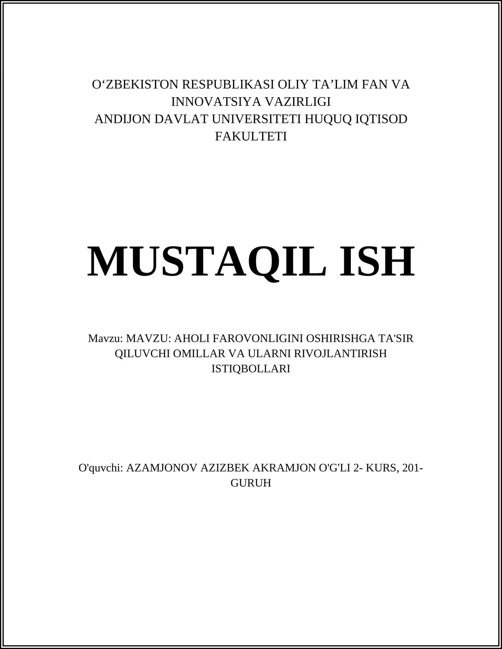 AHOLI FAROVONLIGINI OSHIRISHGA TA'SIR QILUVCHI OMILLAR VA ULARNI RIVOJLANTIRISH ISTIQBOLLARI