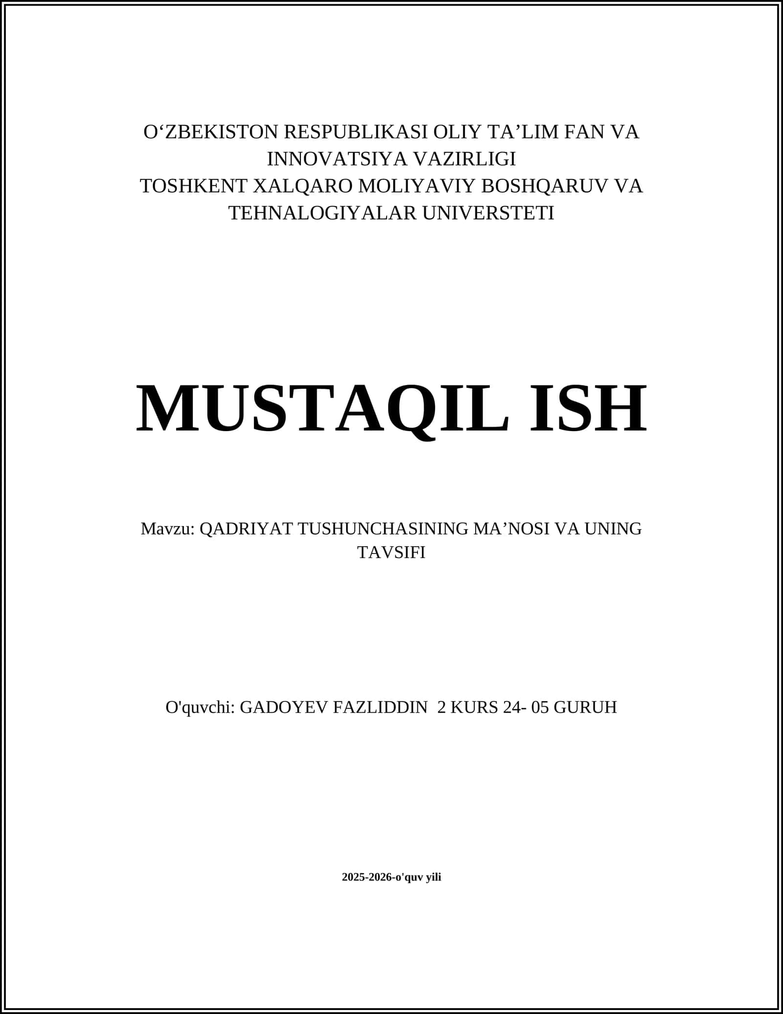 QADRIYAT TUSHUNCHASINING MA’NOSI VA UNING TAVSIFI