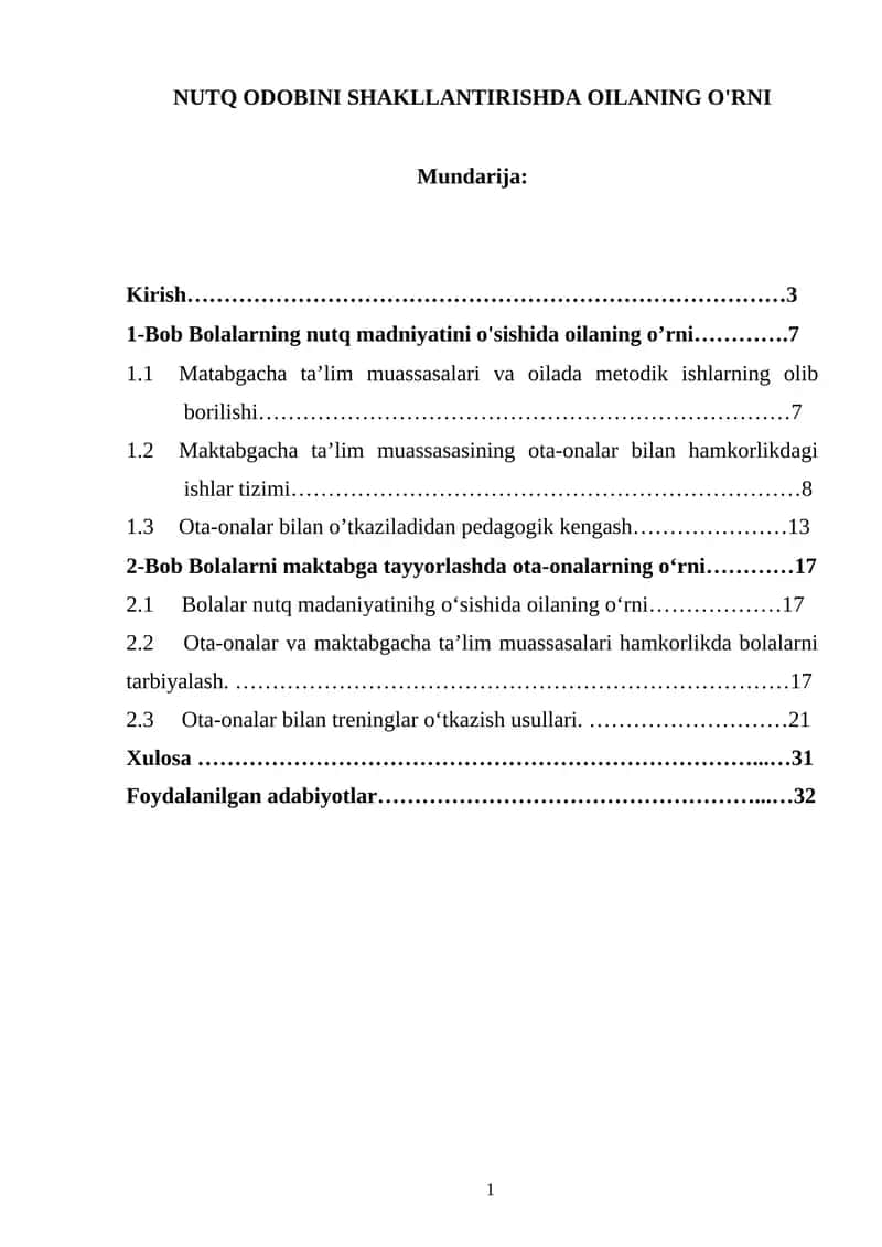 NUTQ ODOBINI SHAKLLANTIRISHDA OILANING O'RNI