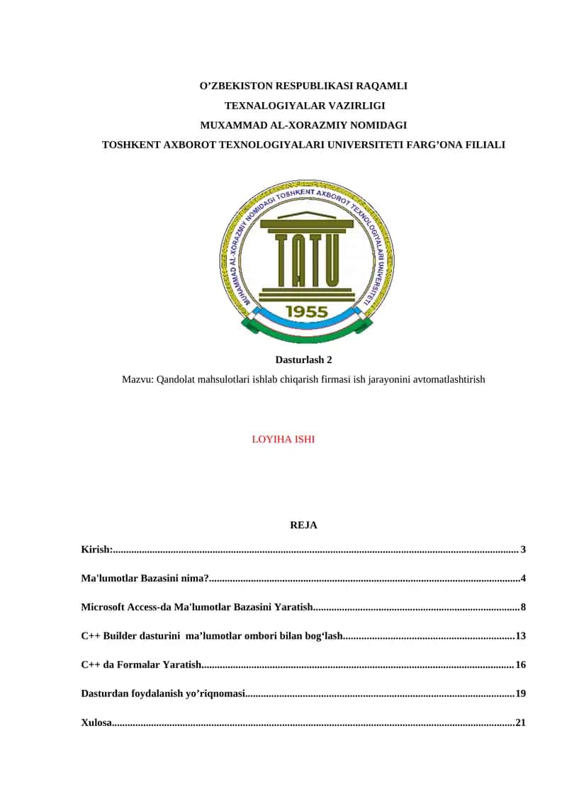 Qandolat mahsulotlari ishlab chiqarish firmasi ish jarayonini avtomatlashtirish
