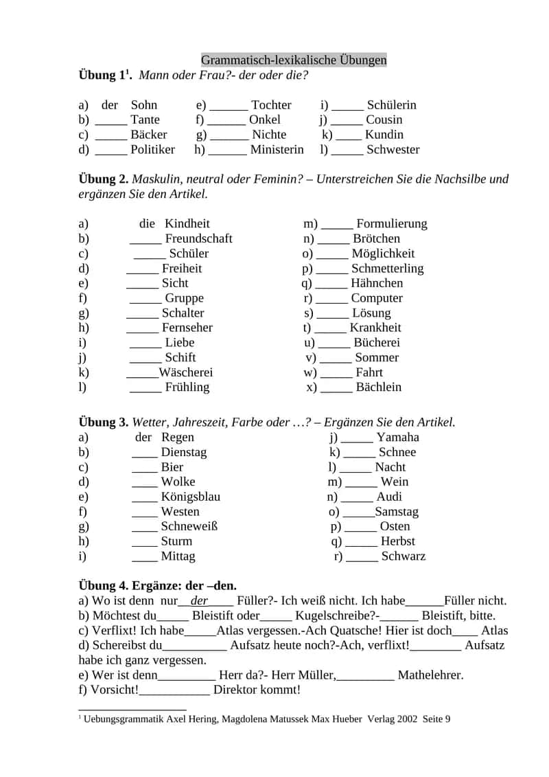 Grammatisch-lexikalische Übungen