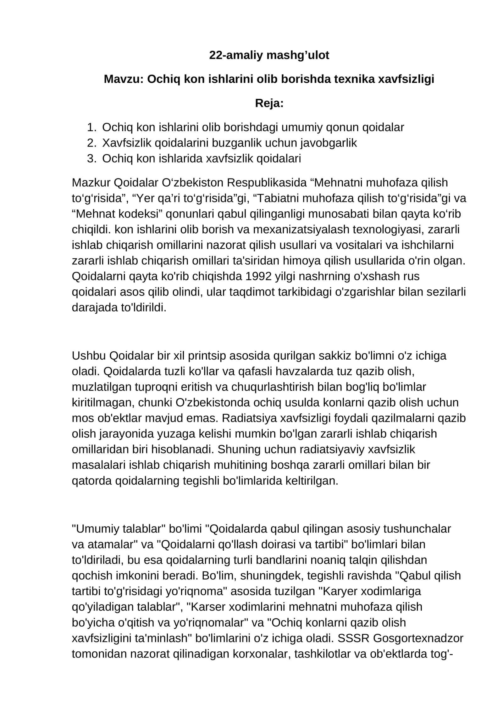 Amaliy mashg'ulot: Ochiq kon ishlarini olib borishda texnika xavfsizligi