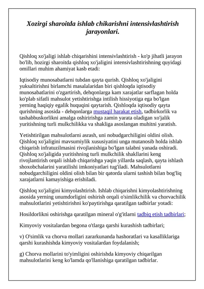 Qishloq xo'jaligi ishlab chiqarishini intensivlashtirish