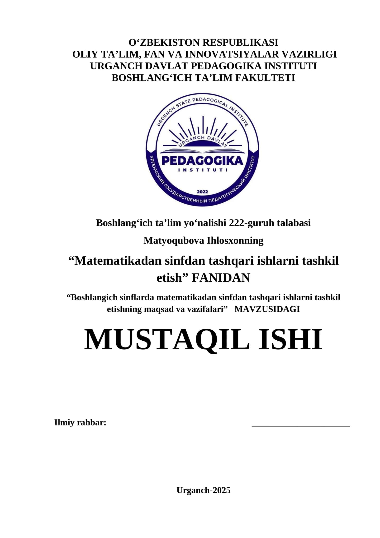 Boshlangich sinflarda matematikadan sinfdan tashqari ishlarni tashkil etishning maqsad va vazifalari