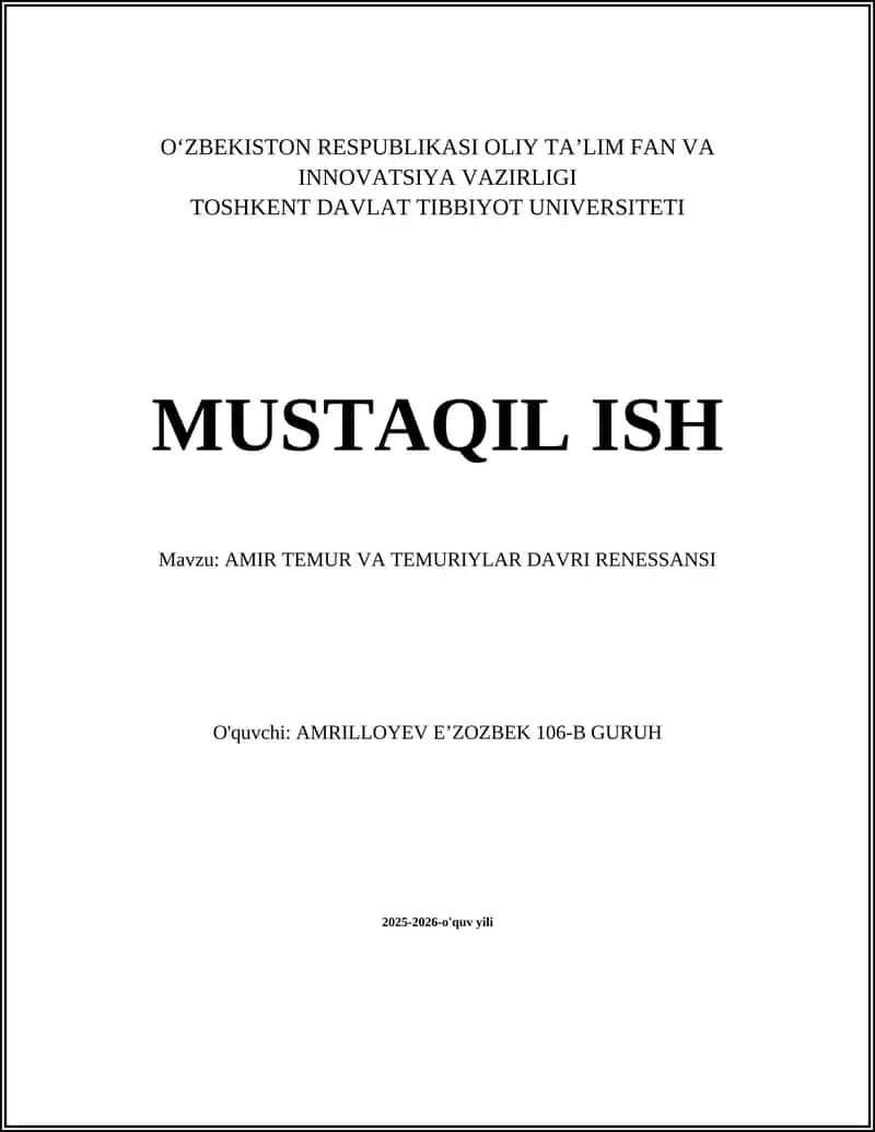 AMIR TEMUR VA TEMURIYLAR DAVRI RENESSANSI