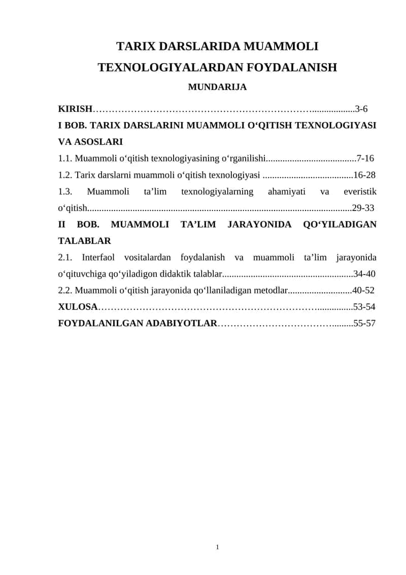 TARIX DARSLARIDA MUAMMOLI TEXNOLOGIYALARDAN FOYDALANISH