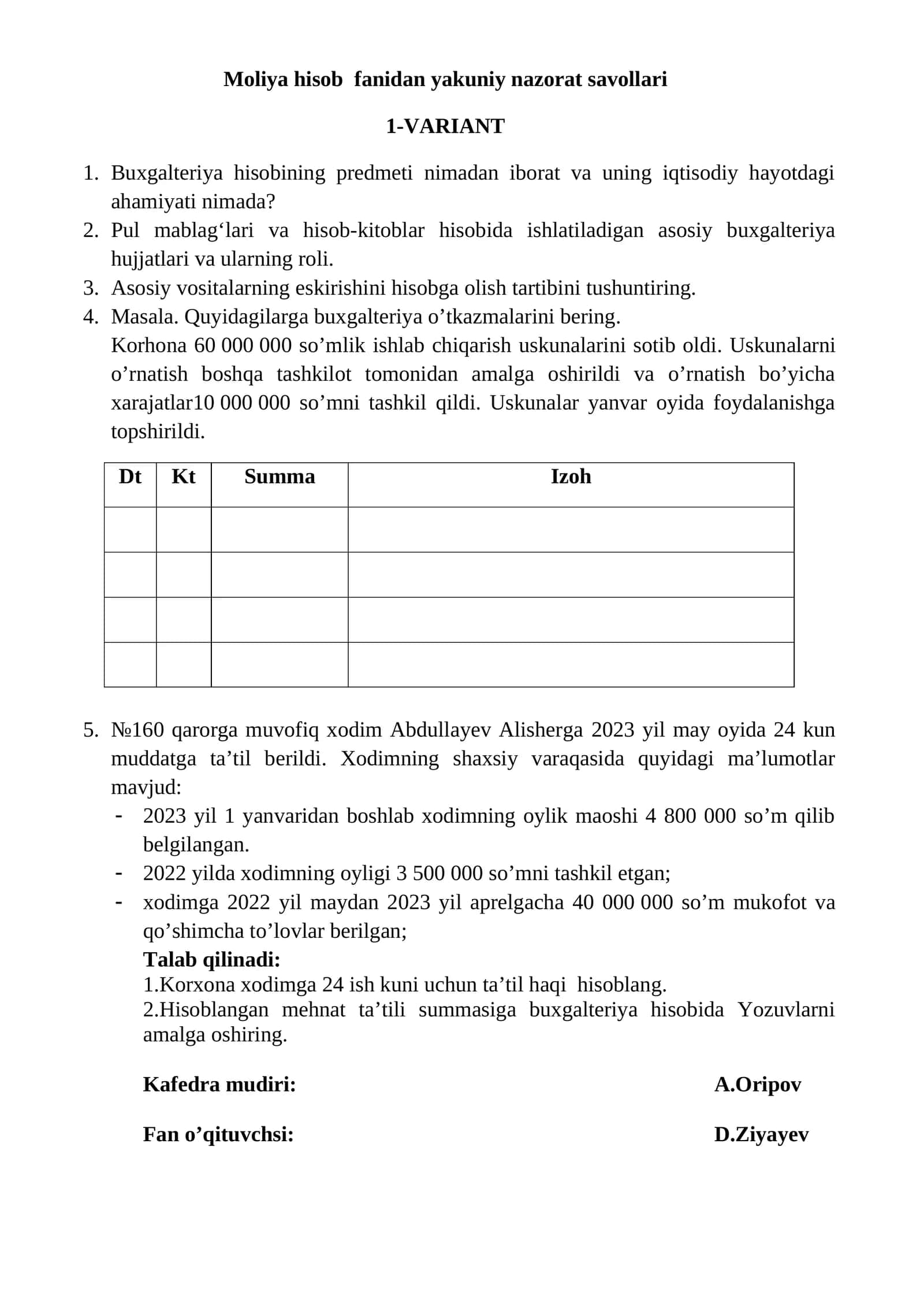 Moliya hisob fanidan yakuniy nazorat savollari