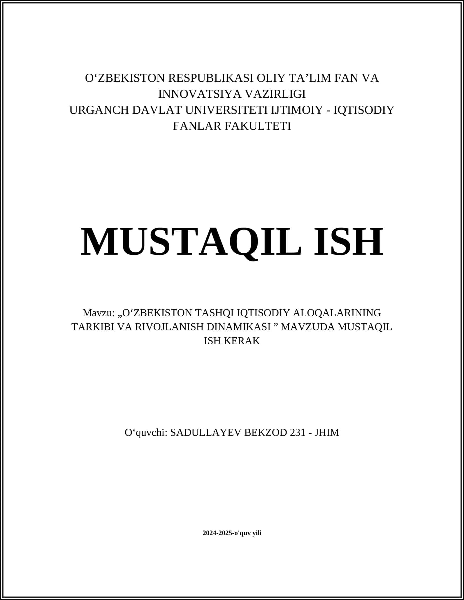 O‘zbekiston tashqi iqtisodiy aloqalarining tarkibi va rivojlanish dinamikasi