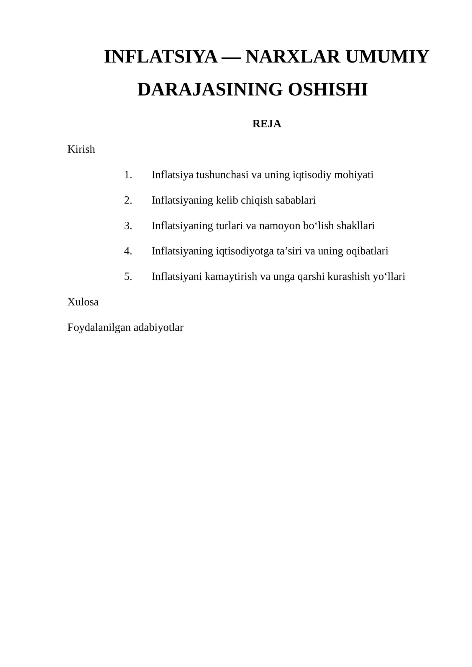 INFLATSIYA — NARXLAR UMUMIY DARAJASINING OSHISHI