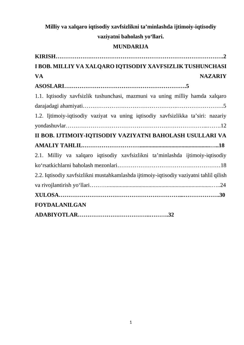 Milliy va xalqaro iqtisodiy xavfsizlikni taʼminlashda ijtimoiy-iqtisodiy vaziyatni baholash yoʻllari
