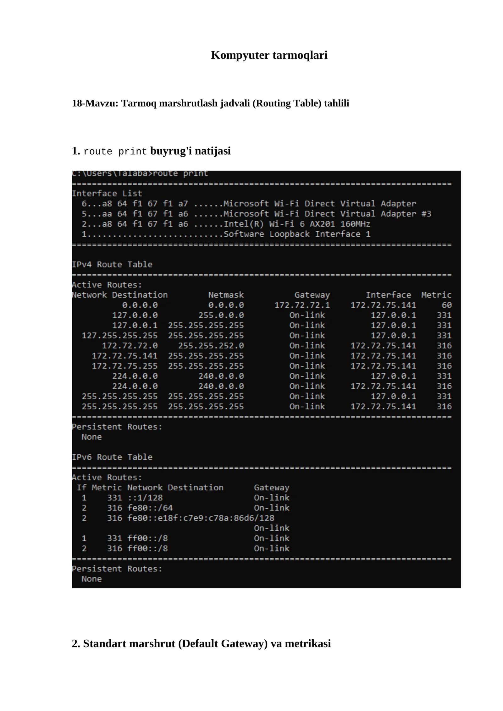Tarmoq marshrutlash jadvali (Routing Table) tahlili