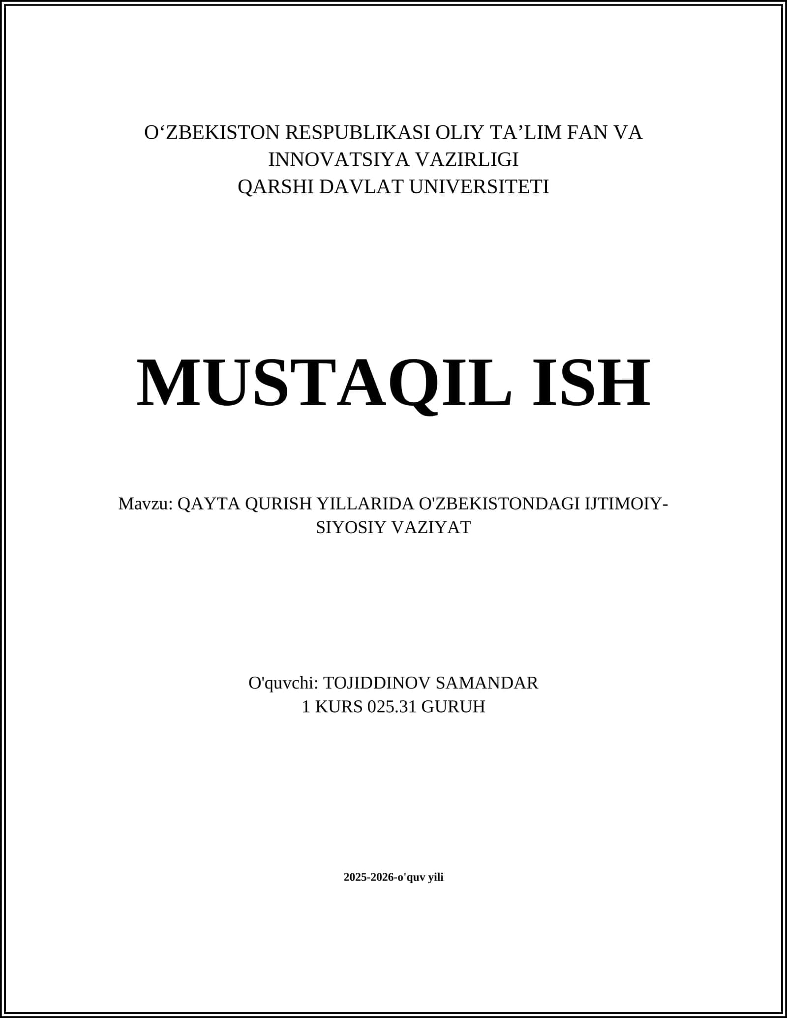 QAYTA QURISH YILLARIDA O'ZBEKISTONDAGI IJTIMOIY-SIYOSIY VAZIYAT