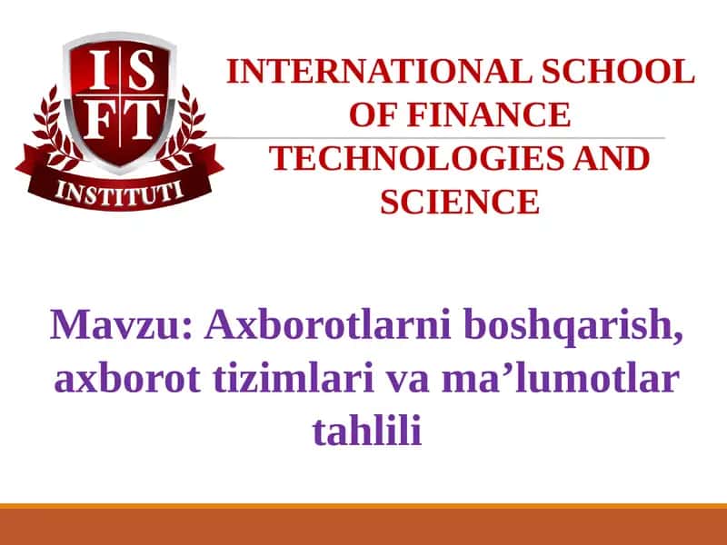 INTERNATIONAL SCHOOL OF FINANCE TECHNOLOGIES AND SCIENCE