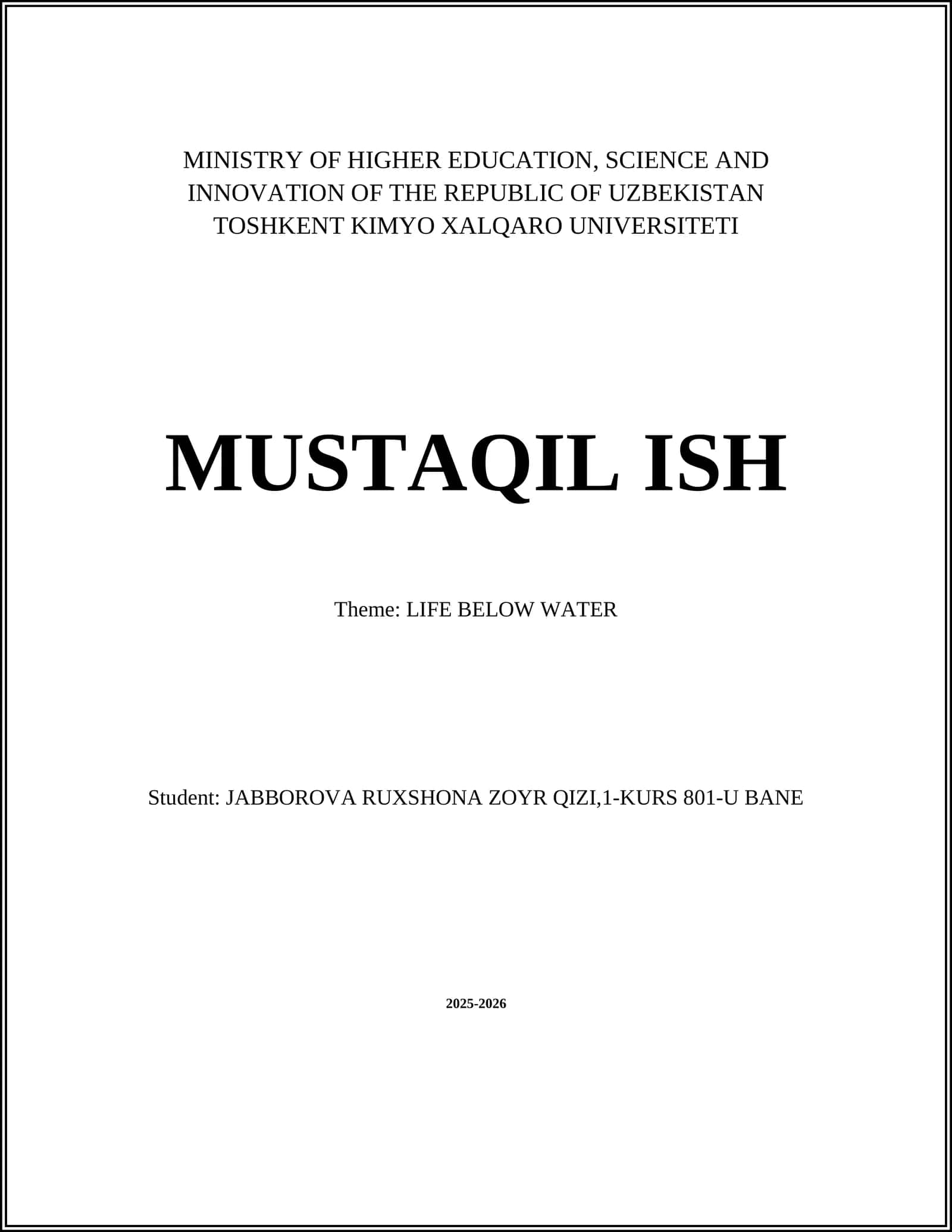 TOSHKENT KIMYO XALQARO UNIVERSITETI MUSTAQIL ISH
