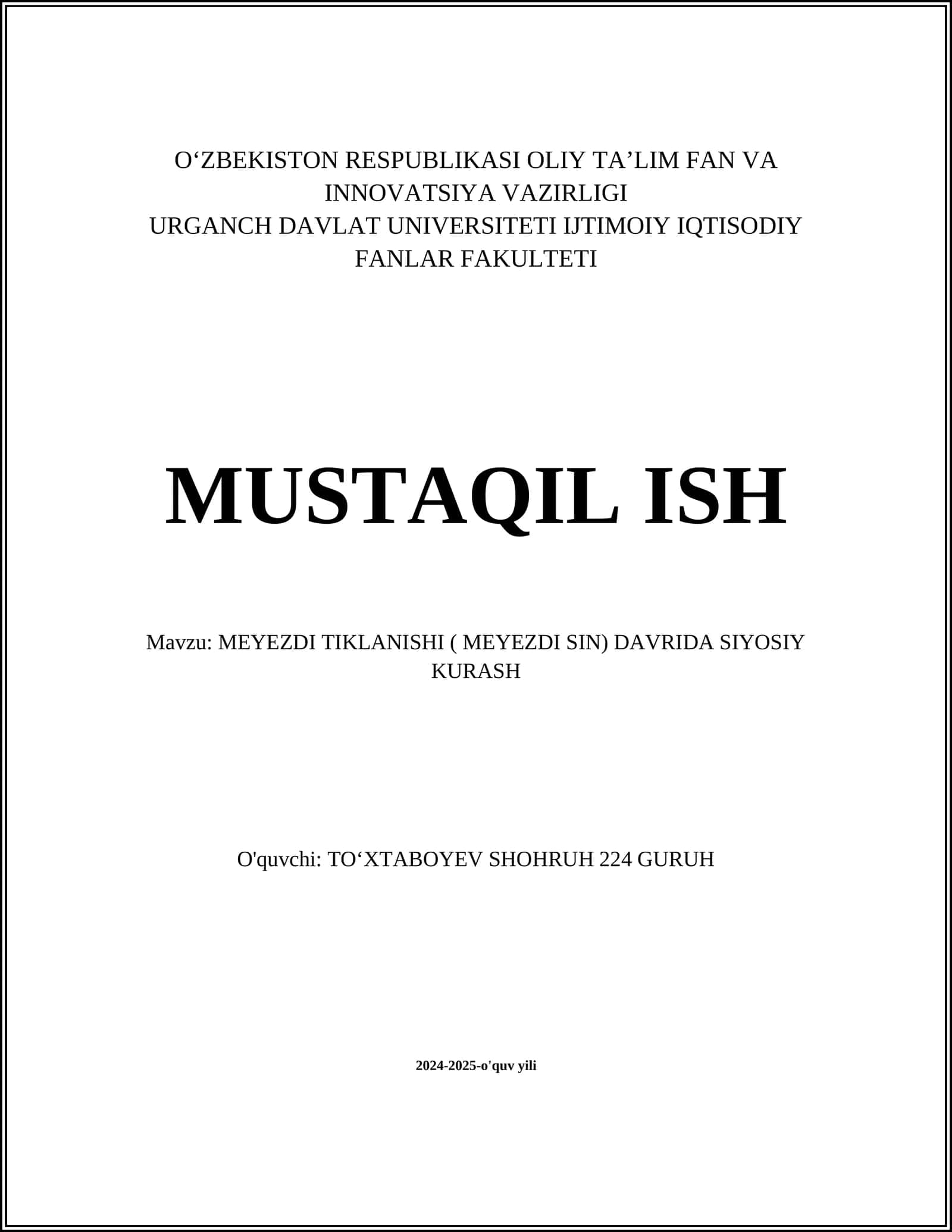 MEYEZDI TIKLANISHI ( MEYEZDI SIN) DAVRIDA SIYOSIY KURASH
