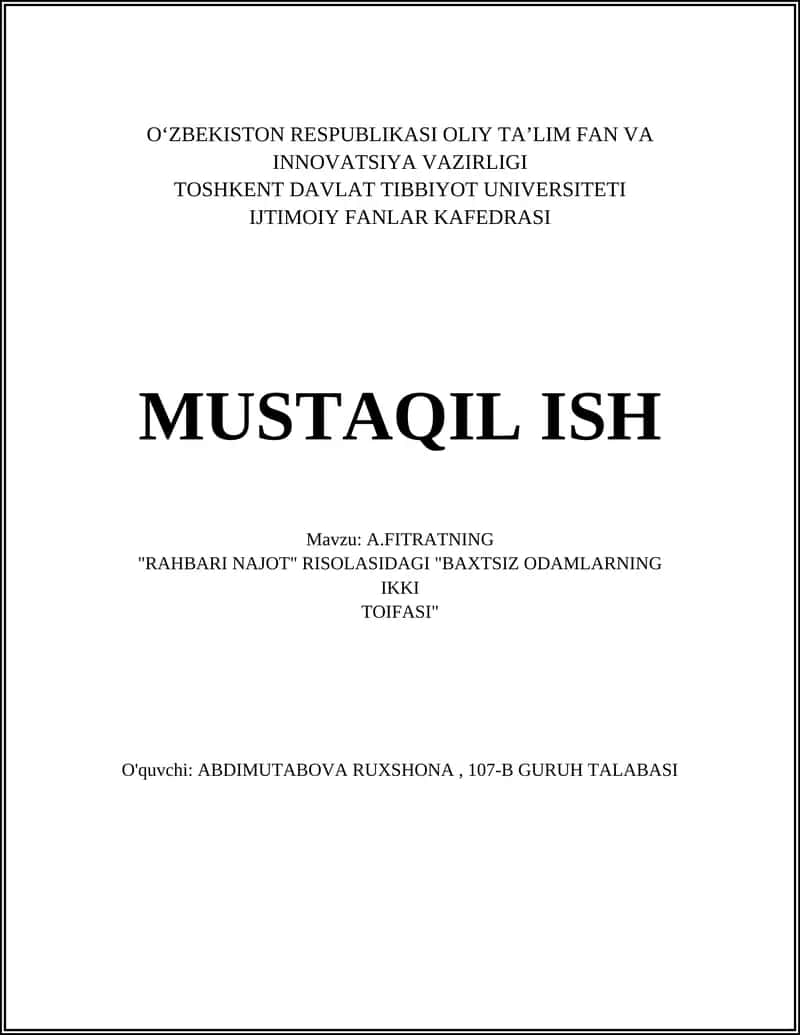 A.FITRATNING "RAHBARI NAJOT" RISOLASIDAGI "BAXTSIZ ODAMLARNING IKKI TOIFASI"