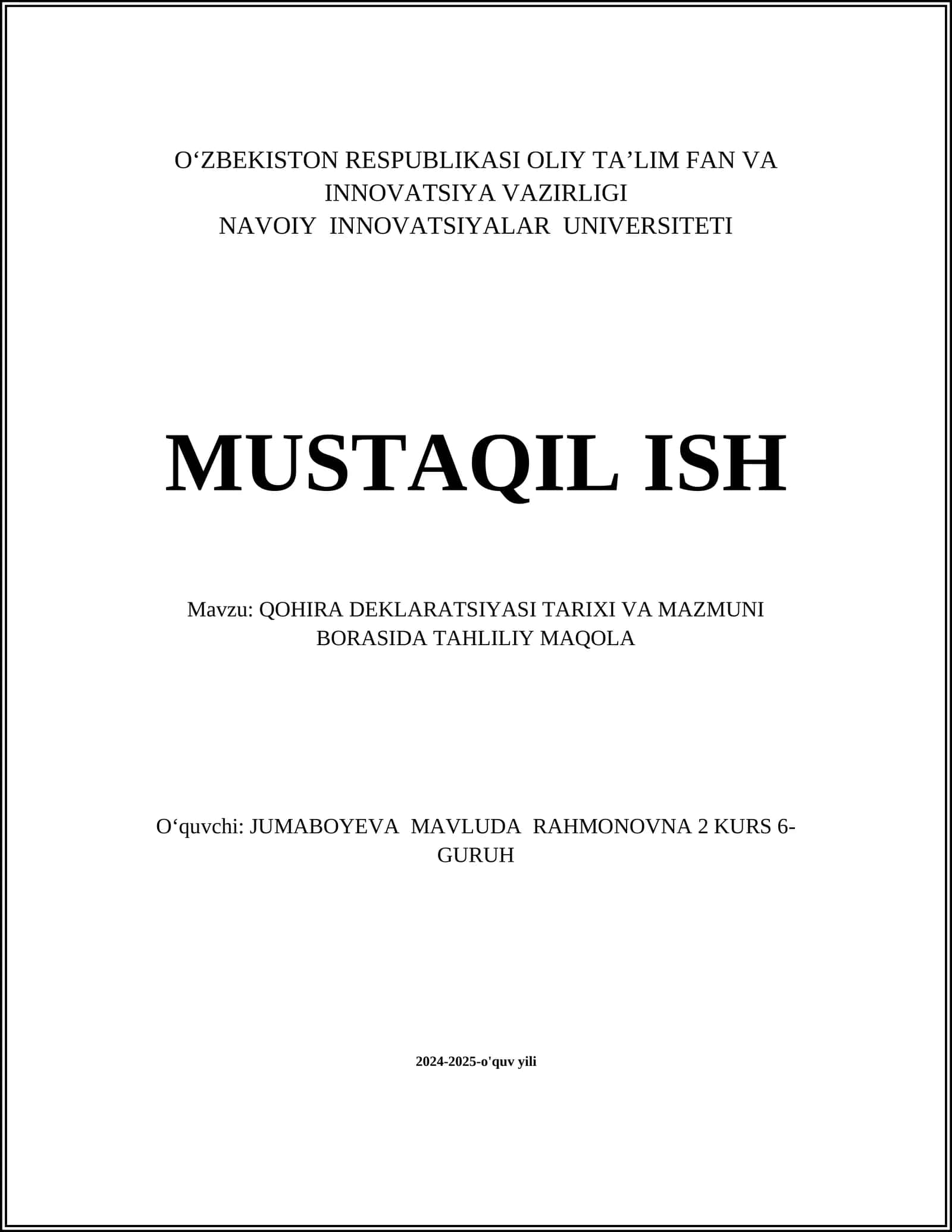 QOHIRA DEKLARATSIYASI TARIXI VA MAZMUNI BORASIDA TAHLILIY MAQOLA