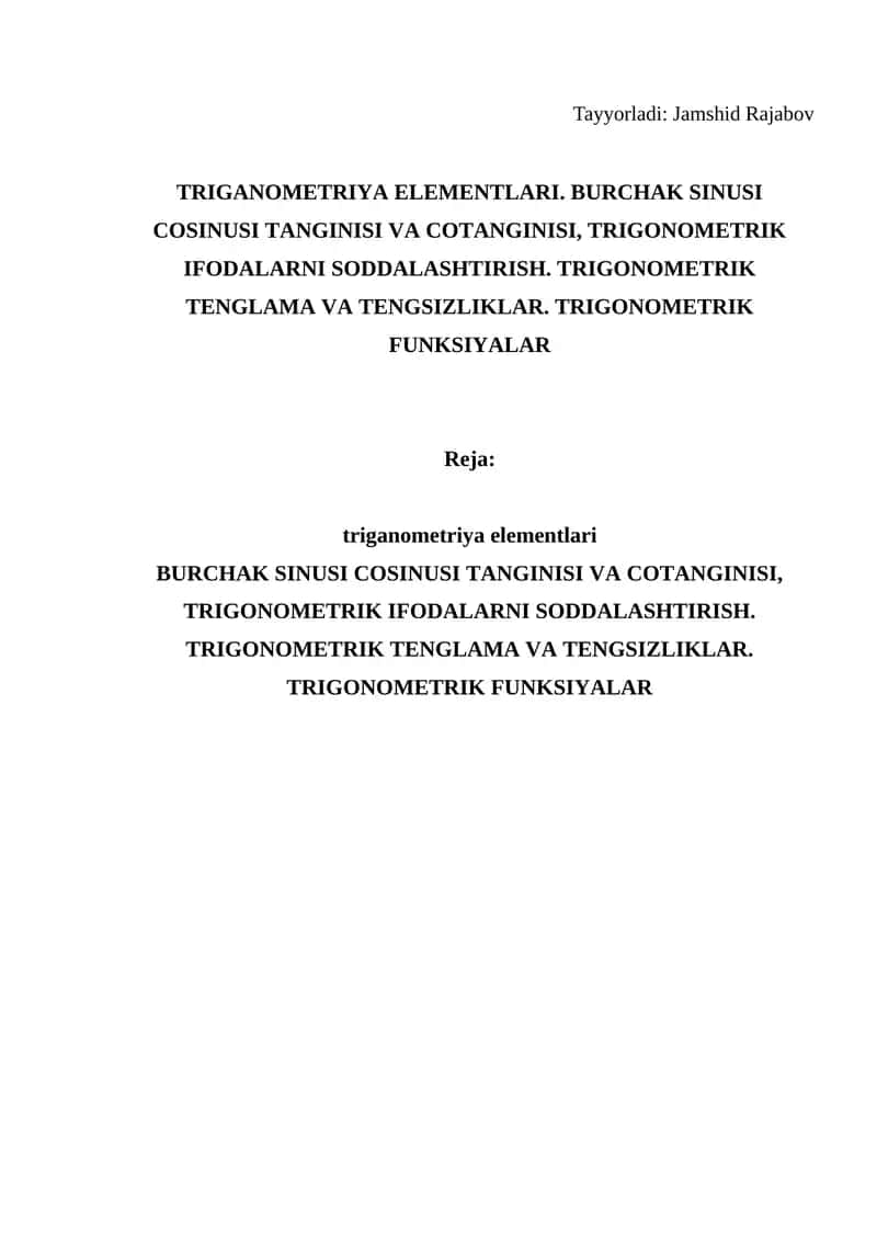 TRIGANOMETRIYA ELEMENTLARI