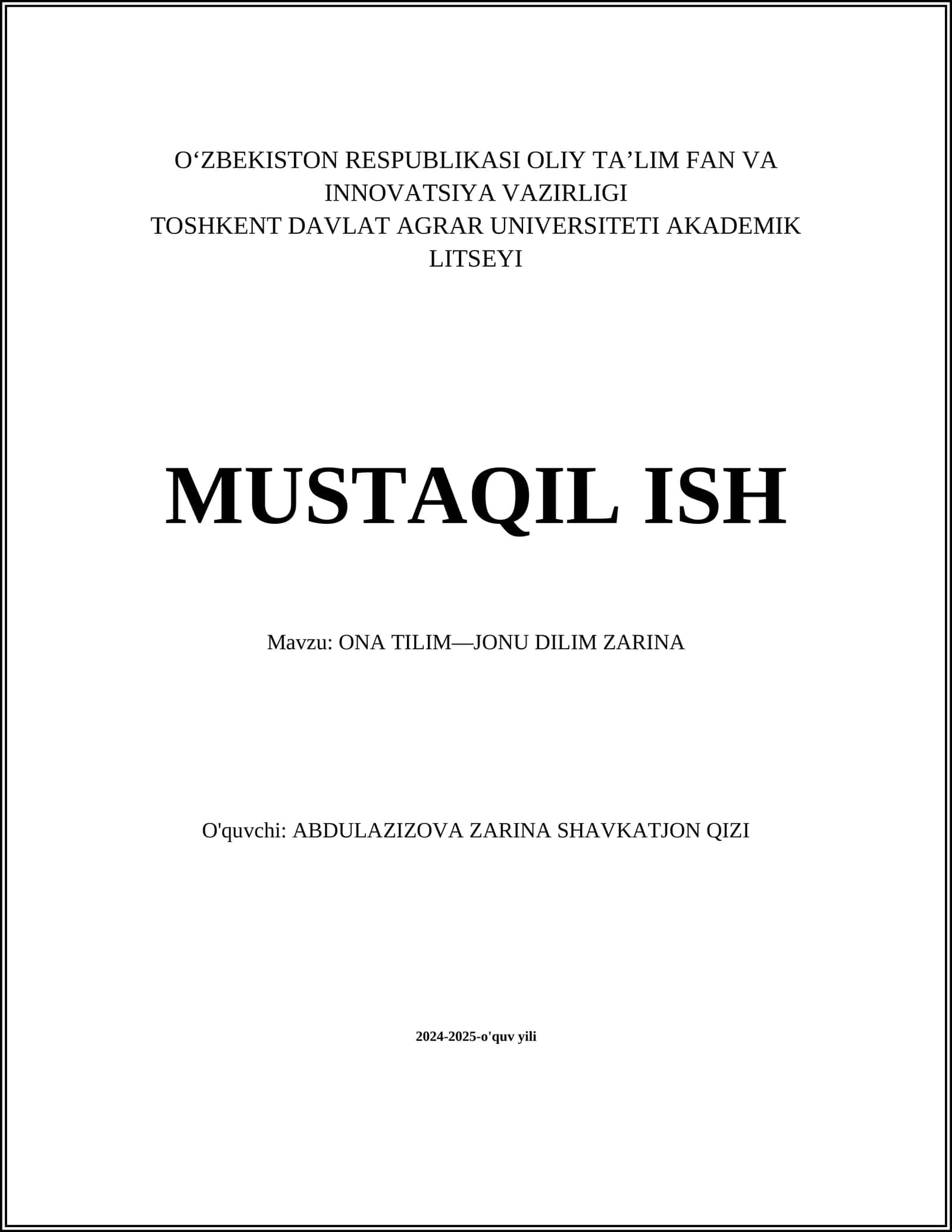 ONA TILIM—JONU DILIM ZARINA