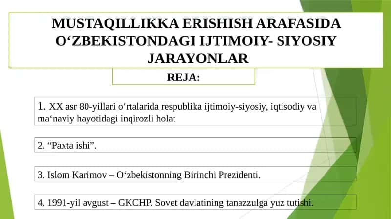MUSTAQILLIKKA ERISHISH ARAFASIDA OʻZBEKISTONDAGI IJTIMOIY- SIYOSIY JARAYONLAR