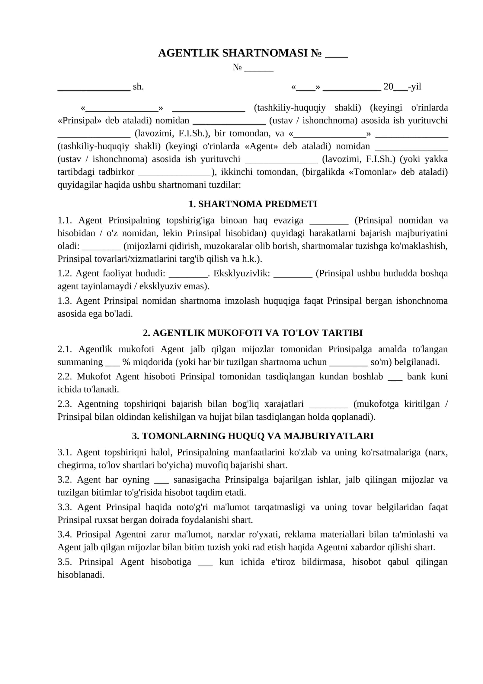 Agentlik shartnomasi mijoz jalb qilish va sotuvni tashkil etish namunasi