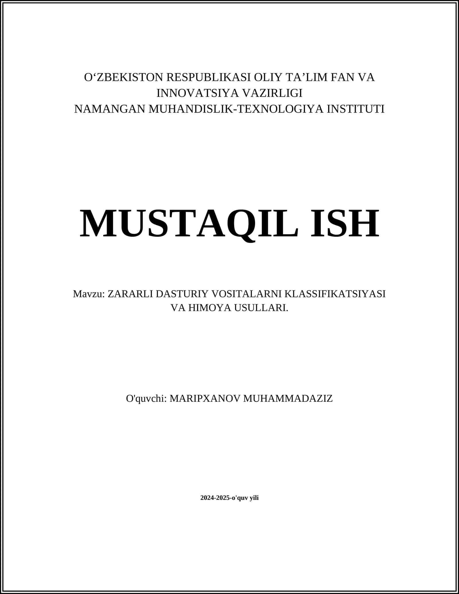 ZARARLI DASTURIY VOSITALARNI KLASSIFIKATSIYASI VA HIMOYA USULLARI