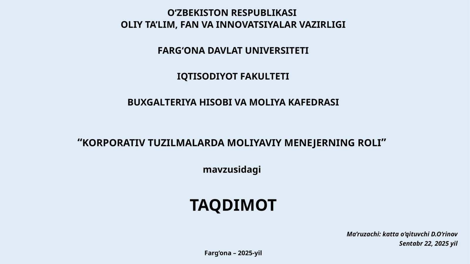 “KORPORATIV TUZILMALARDA MOLIYAVIY MENEJERNING ROLI” taqdimoti