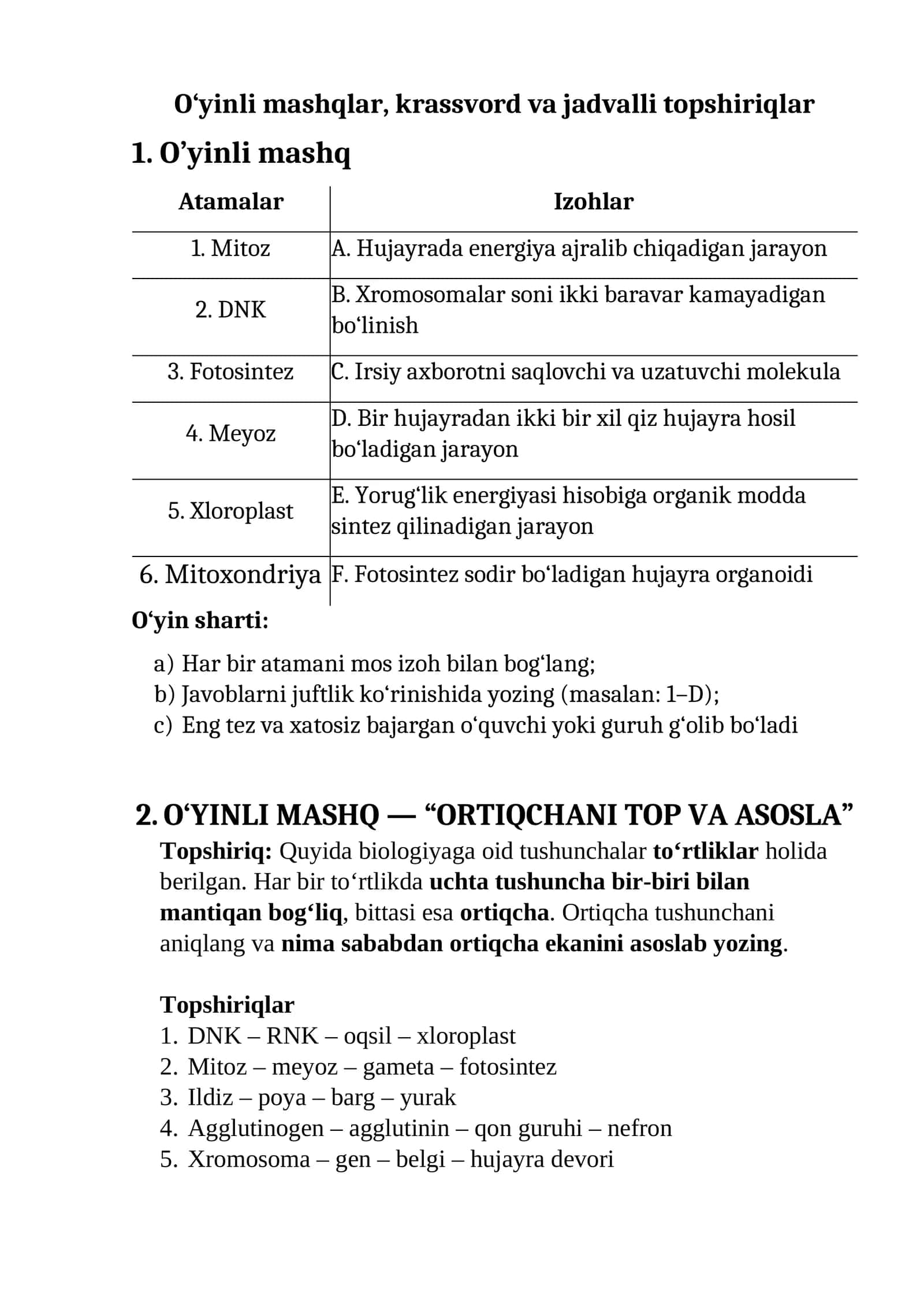 O‘yinli mashqlar, krassvord va jadvalli topshiriqlar