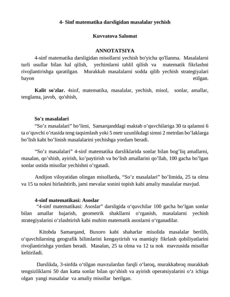 4-Sinf Matematika Misollari Yechish