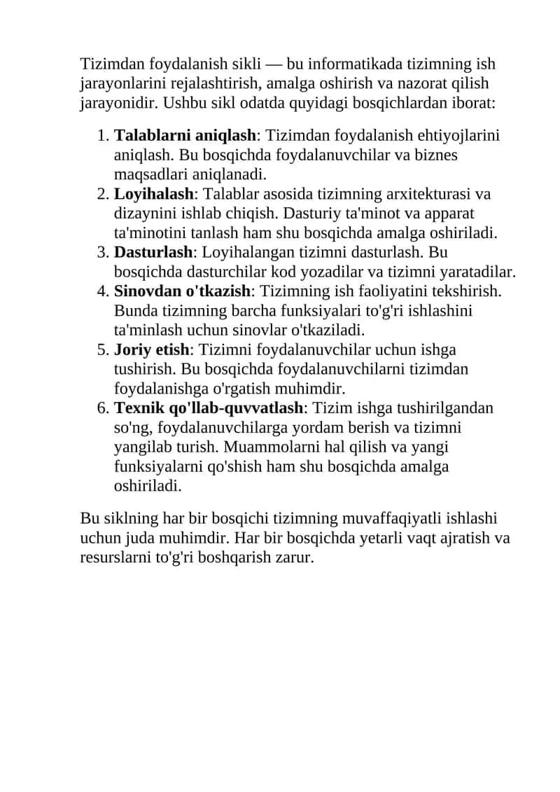 Tizimdan foydalanish sikli