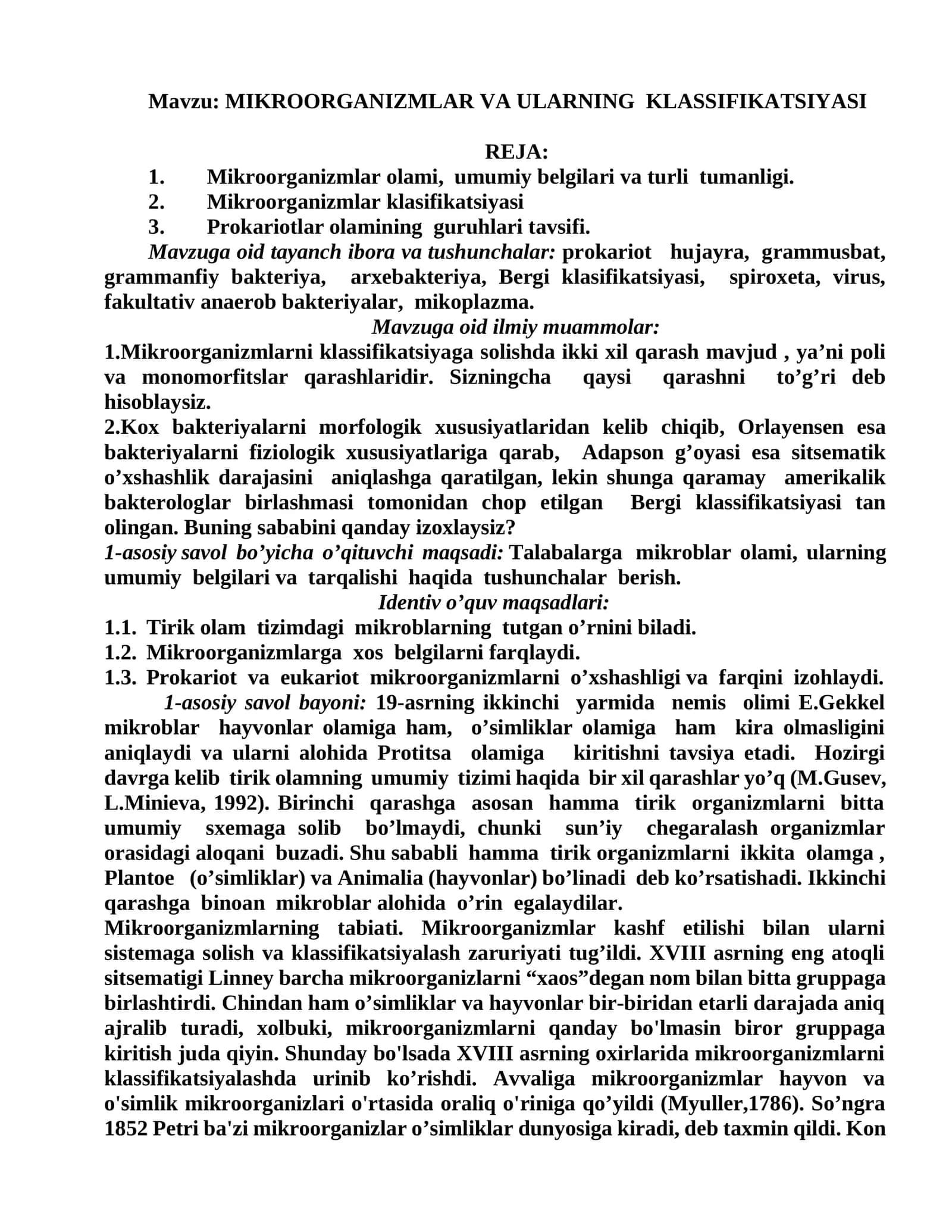 MIKRООRGАNIZMLАR VА ULАRNING KLАSSIFIKАTSIYАSI