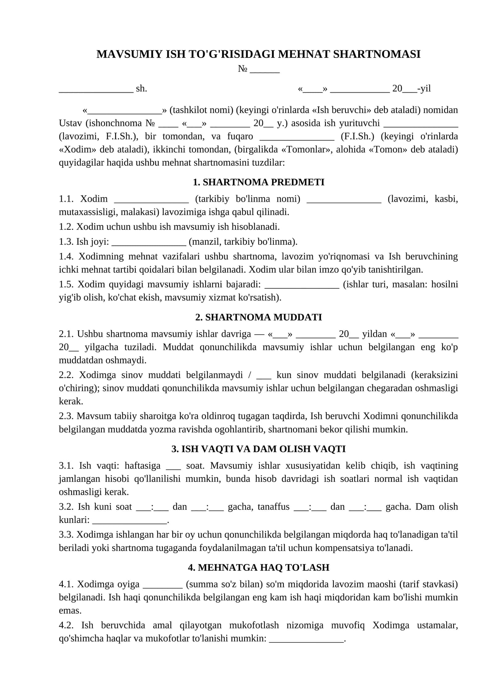 Mehnat shartnomasi mavsumiy ish namunasi