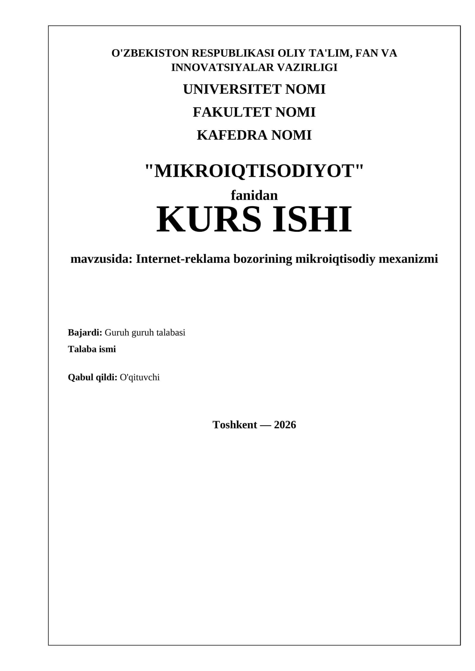 Kurs ishi "MIKROIQTISODIYOT" fanidan