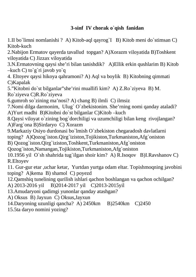 3-sinf IV chorak o`qish fanidan