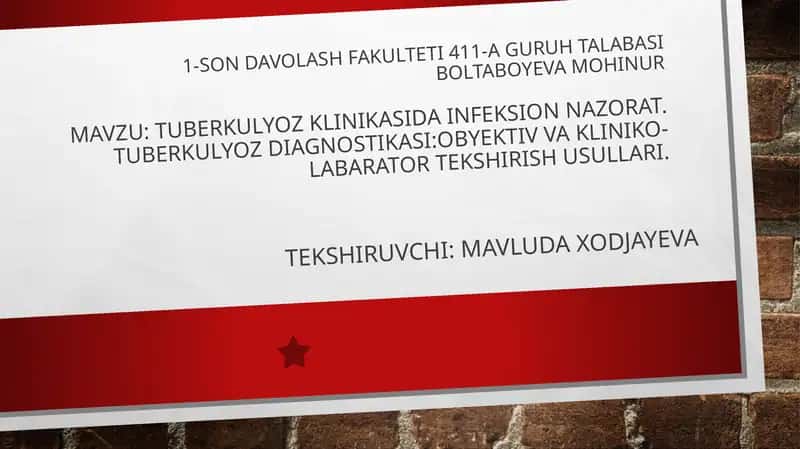 Tuberkulyoz klinikasida infeksion nazorati