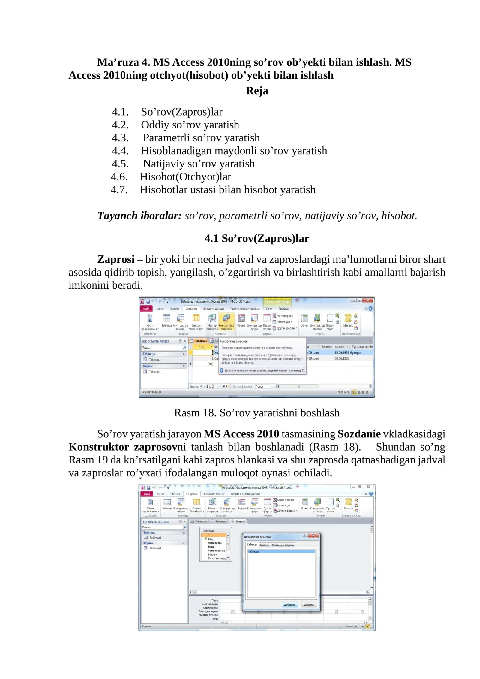 MS Access 2010ning so’rov ob’yekti